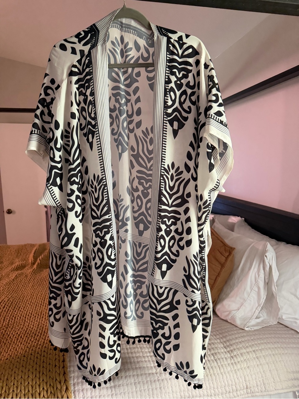 Black & White Open-Front Kimono Cape Jacket